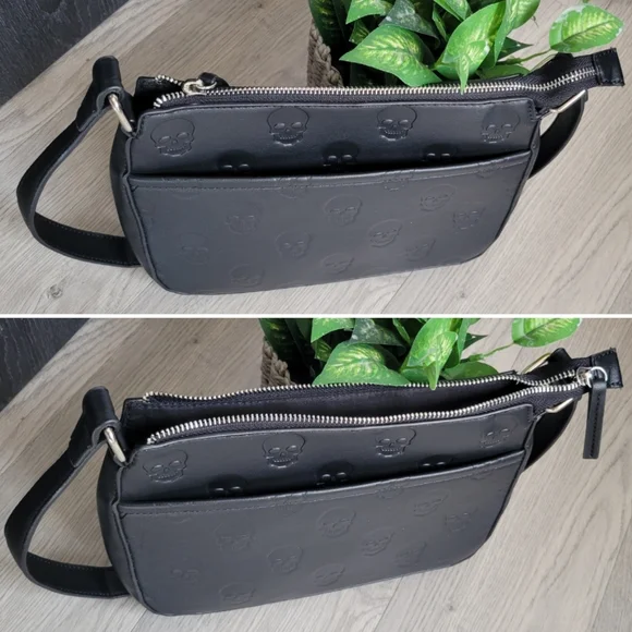 Mad Engine Monogram Skull Embossed Black Shoulder Zippered Bag, 19" - Picture 8 of 16